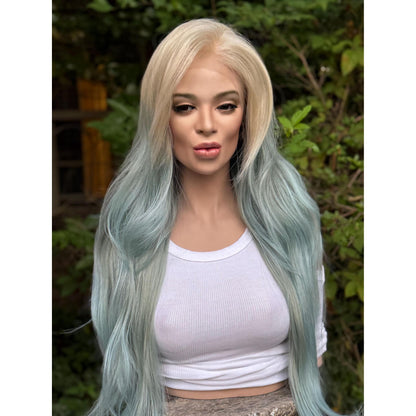 OCEAN MIST Powder Blue Platinum Blonde Teal Balayage Highlights Wig, Lace Front, 13x4 Hand-Tied, Human Hair Blend