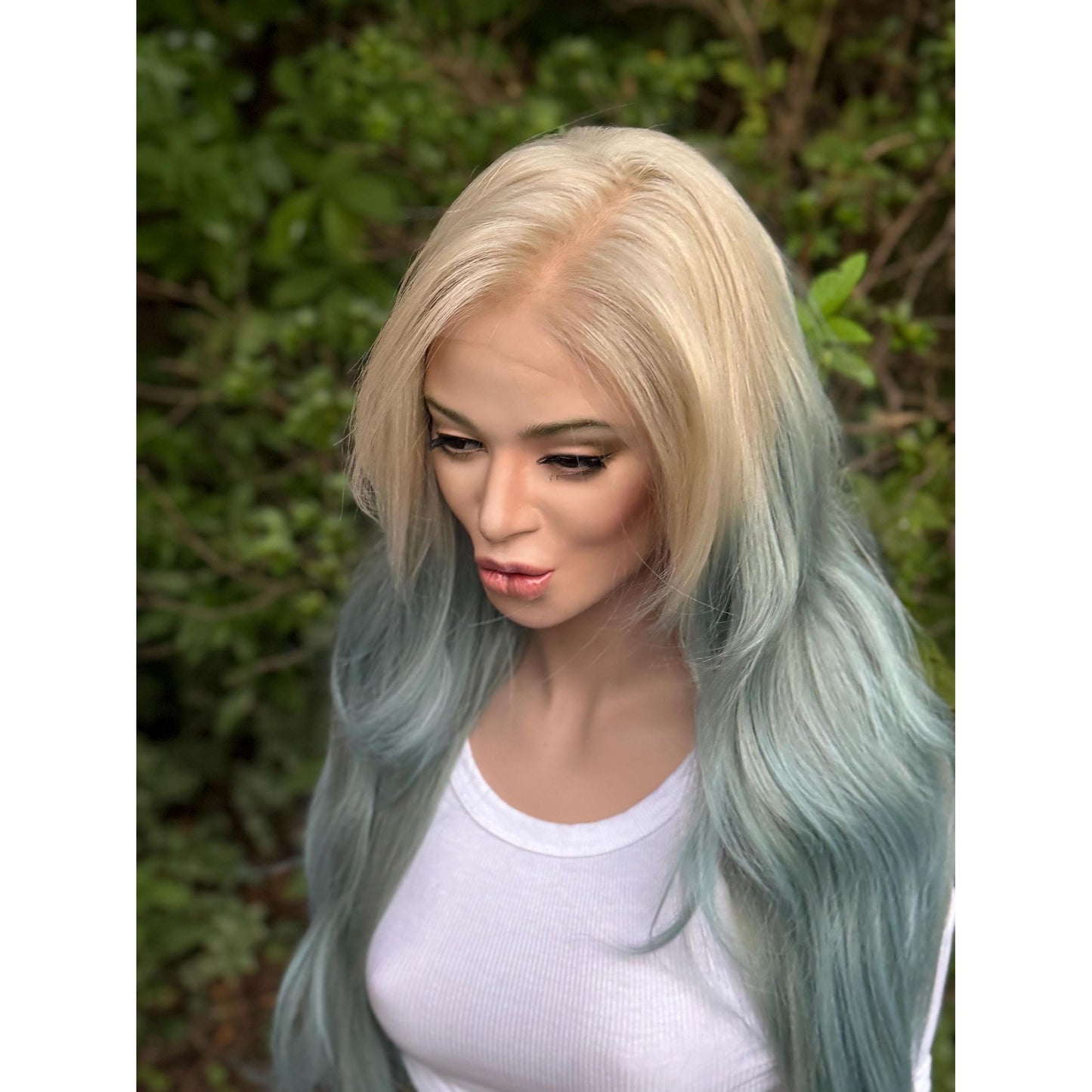 OCEAN MIST Powder Blue Platinum Blonde Teal Balayage Highlights Wig, Lace Front, 13x4 Hand-Tied, Human Hair Blend