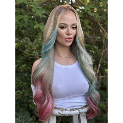 Cyan Blonde Candy Pink  24" Long Waves Human Hair Blend Lace Front Wig Hand-Tied