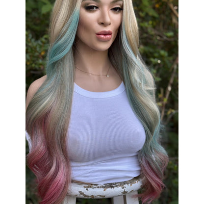Cyan Blonde Candy Pink  24" Long Waves Human Hair Blend Lace Front Wig Hand-Tied