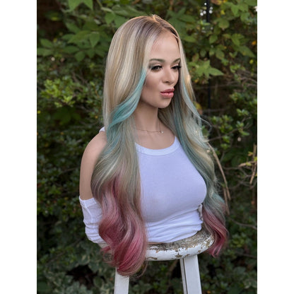 Cyan Blonde Candy Pink  24" Long Waves Human Hair Blend Lace Front Wig Hand-Tied