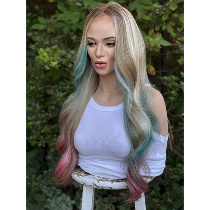 Cyan Blonde Candy Pink  24" Long Waves Human Hair Blend Lace Front Wig Hand-Tied
