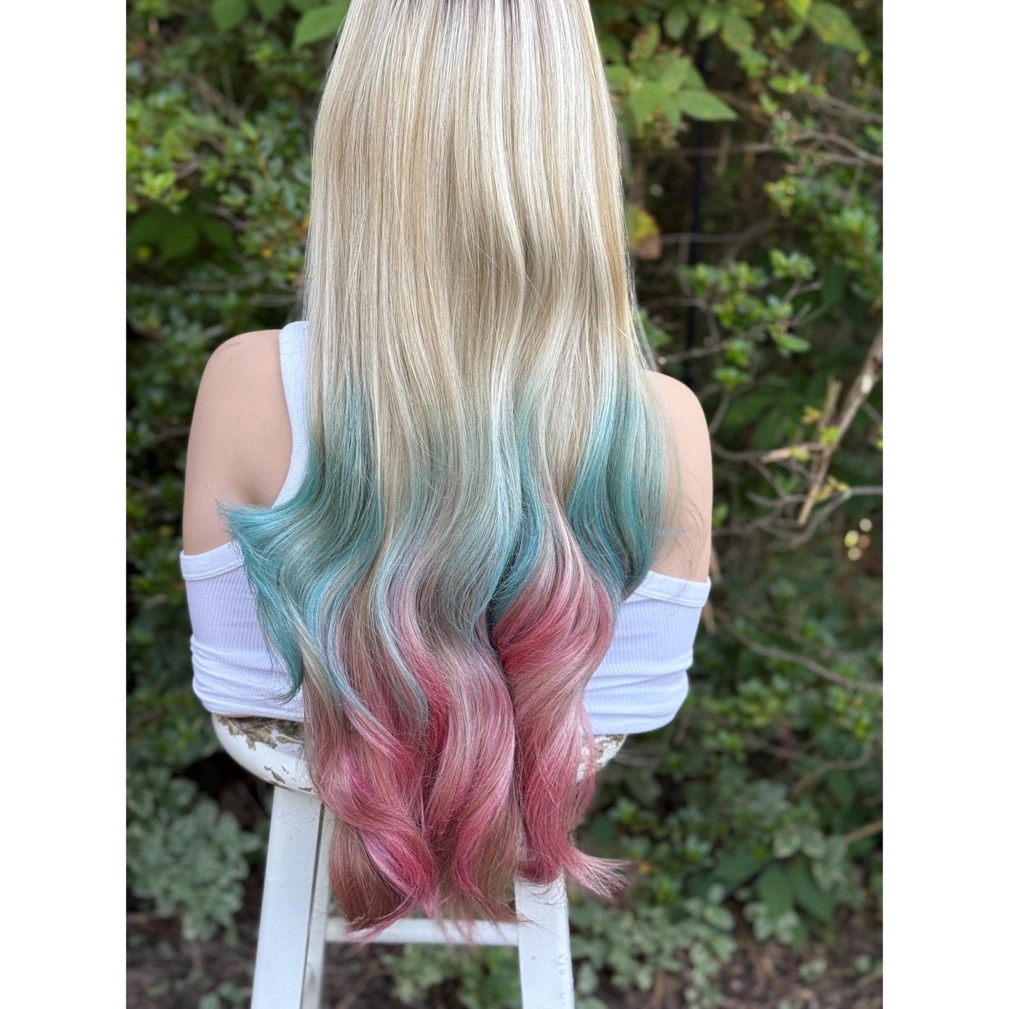 Cyan Blonde Candy Pink  24" Long Waves Human Hair Blend Lace Front Wig Hand-Tied