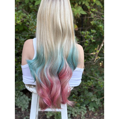 Cyan Blonde Candy Pink  24" Long Waves Human Hair Blend Lace Front Wig Hand-Tied