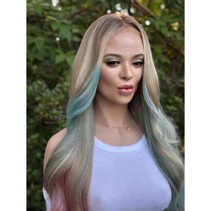 Cyan Blonde Candy Pink  24" Long Waves Human Hair Blend Lace Front Wig Hand-Tied