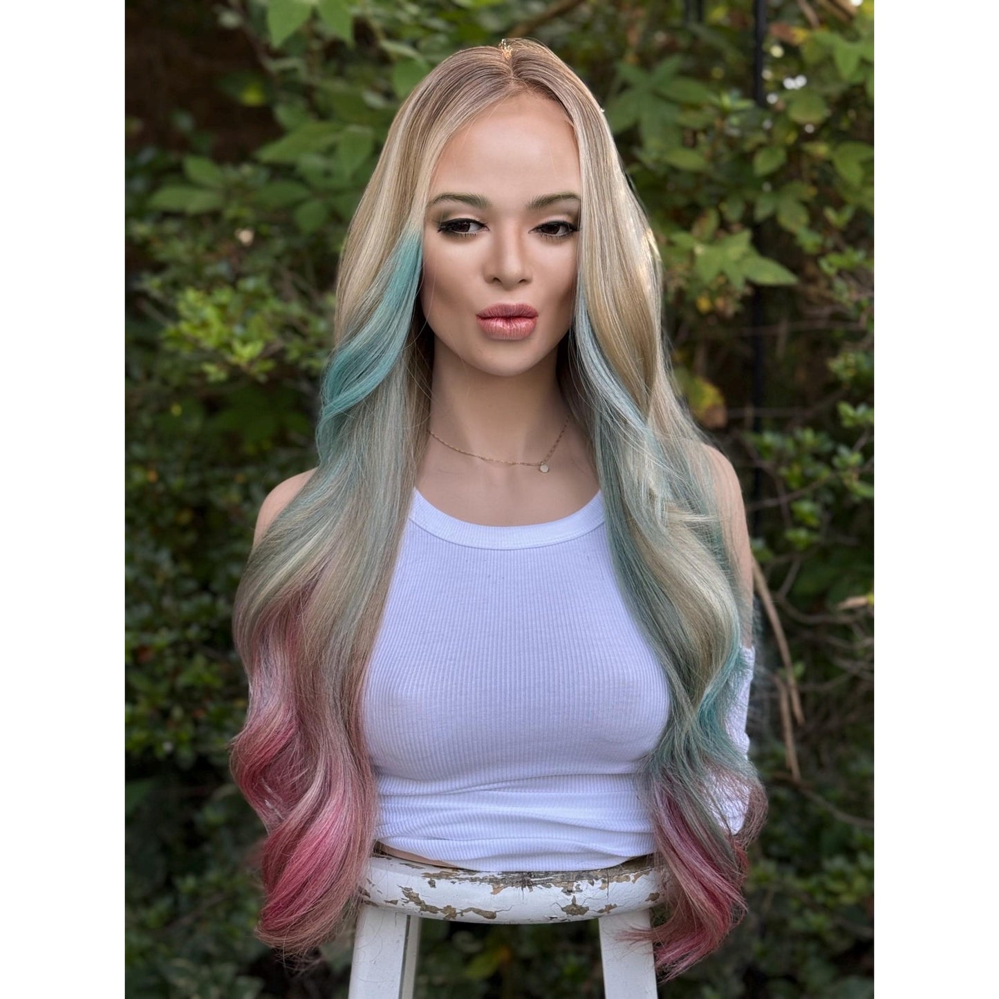 Cyan Blonde Candy Pink  24" Long Waves Human Hair Blend Lace Front Wig Hand-Tied