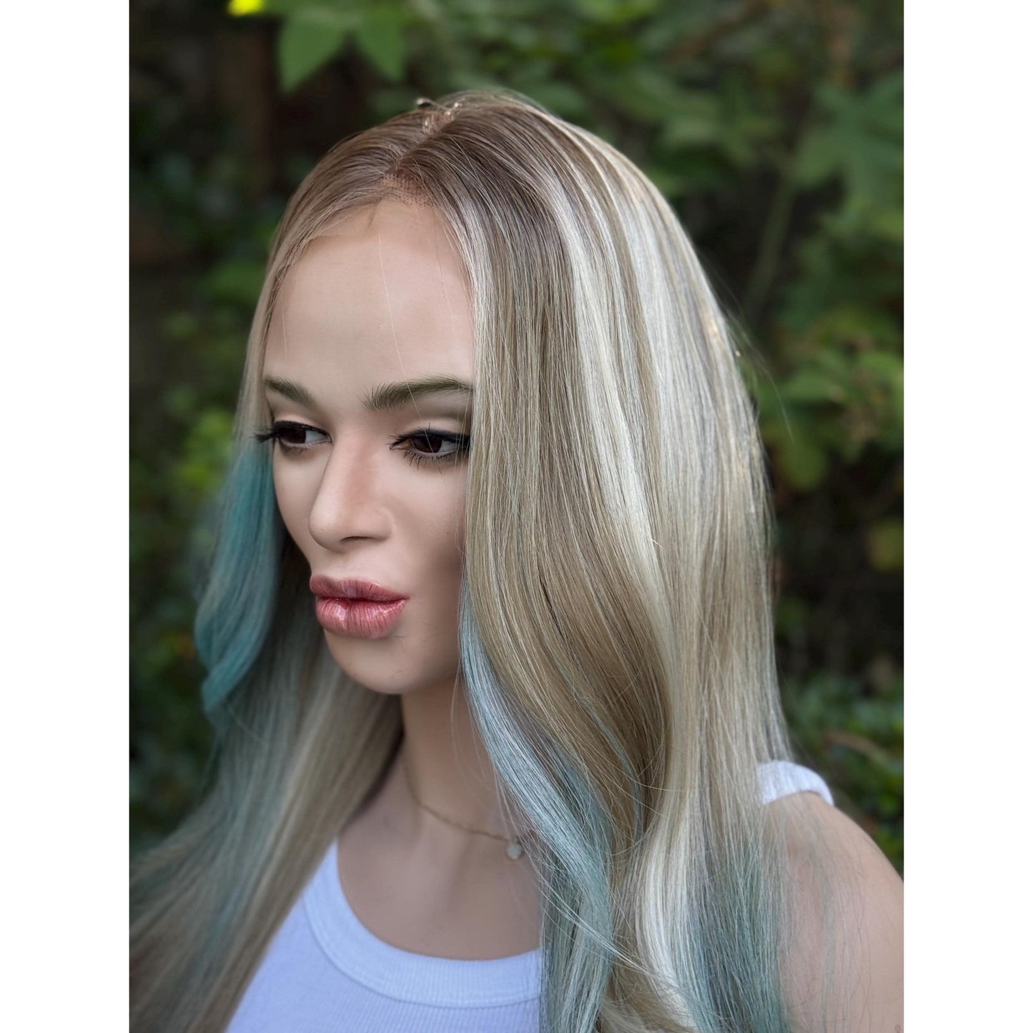 Cyan Blonde Candy Pink  24" Long Waves Human Hair Blend Lace Front Wig Hand-Tied