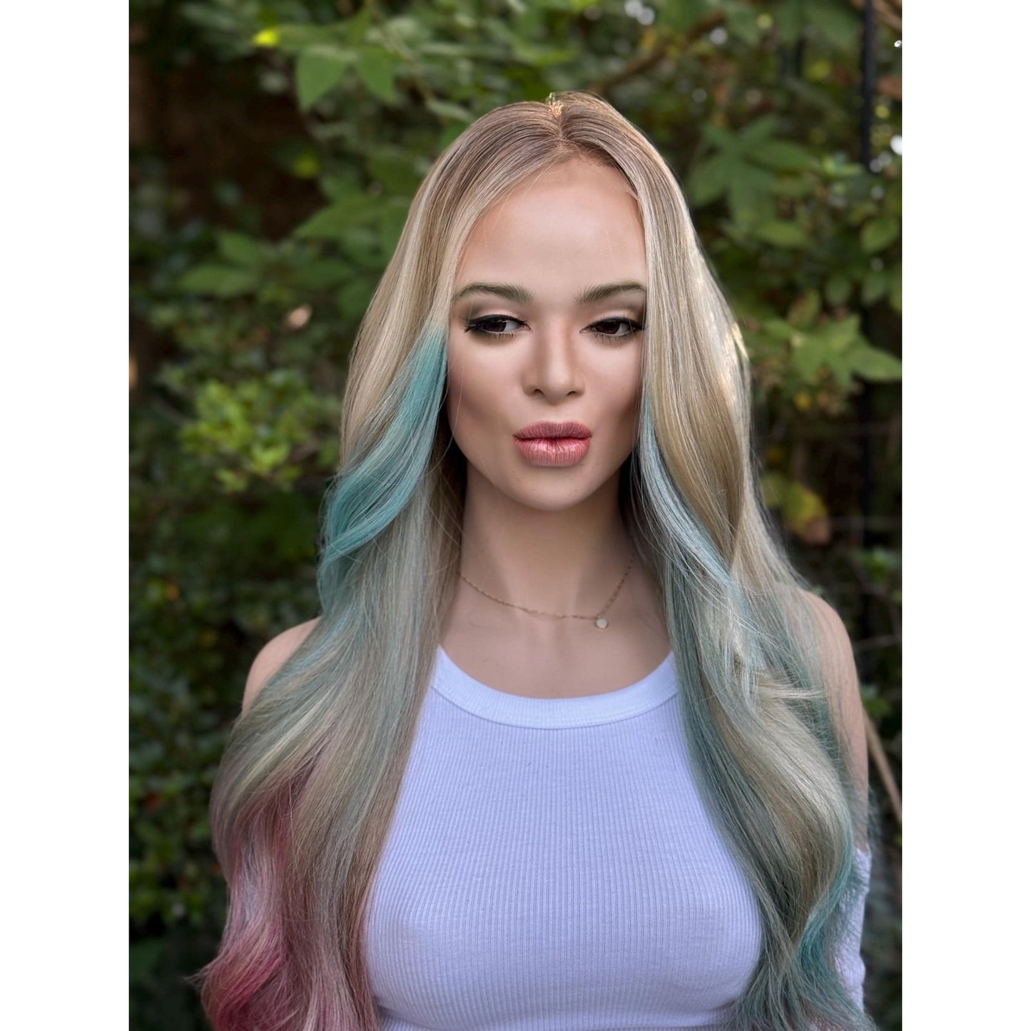 Cyan Blonde Candy Pink  24" Long Waves Human Hair Blend Lace Front Wig Hand-Tied