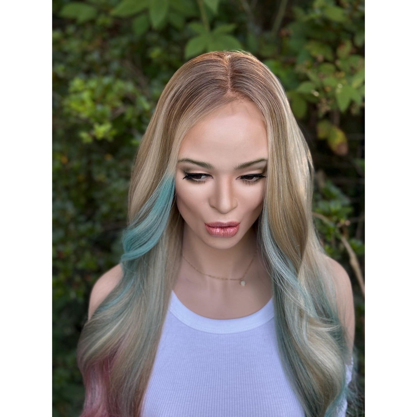 Cyan Blonde Candy Pink  24" Long Waves Human Hair Blend Lace Front Wig Hand-Tied