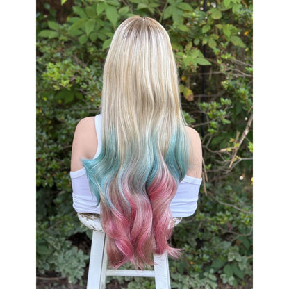 Cyan Blonde Candy Pink  24" Long Waves Human Hair Blend Lace Front Wig Hand-Tied
