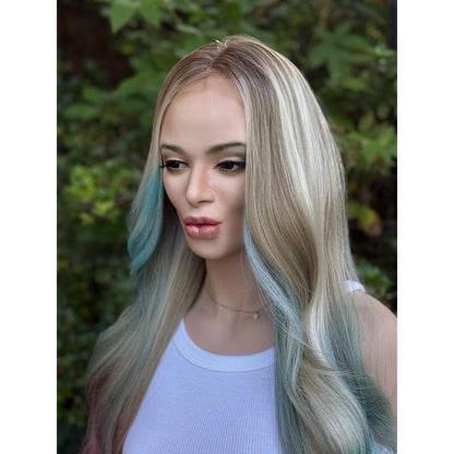 Cyan Blonde Candy Pink  24" Long Waves Human Hair Blend Lace Front Wig Hand-Tied