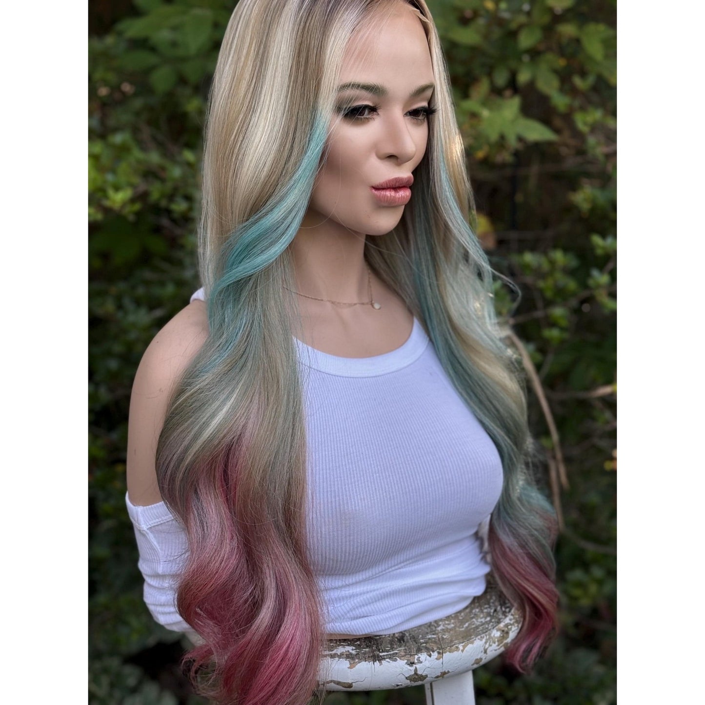 Cyan Blonde Candy Pink  24" Long Waves Human Hair Blend Lace Front Wig Hand-Tied