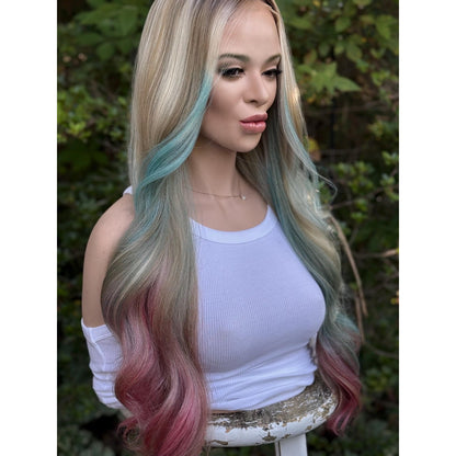 Cyan Blonde Candy Pink  24" Long Waves Human Hair Blend Lace Front Wig Hand-Tied