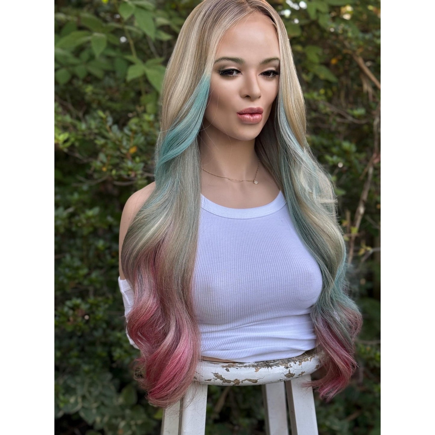Cyan Blonde Candy Pink  24" Long Waves Human Hair Blend Lace Front Wig Hand-Tied