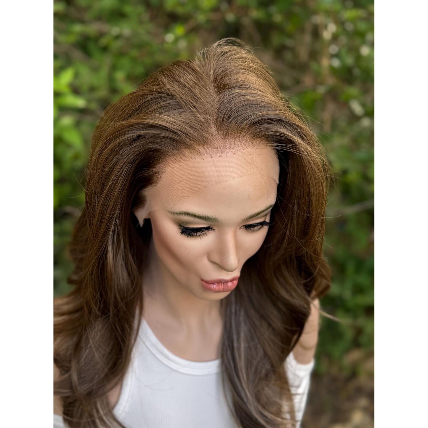 MYRA Medium Chocolate Brown Blonde Highlights Wig, Lace Front, 13x6 Hand-Tied, Human Hair Blend