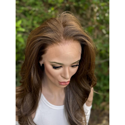 MYRA Medium Chocolate Brown Blonde Highlights Wig, Lace Front, 13x6 Hand-Tied, Human Hair Blend