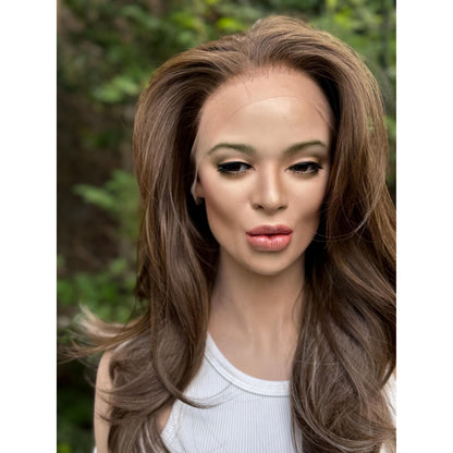 MYRA Medium Chocolate Brown Blonde Highlights Wig, Lace Front, 13x6 Hand-Tied, Human Hair Blend