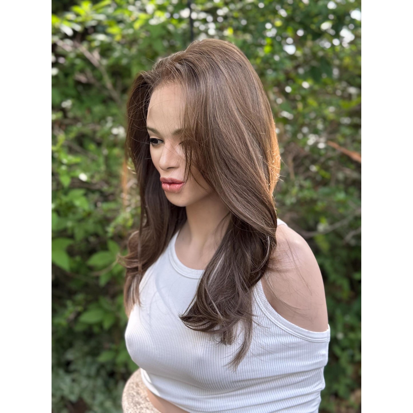 MYRA Medium Chocolate Brown Blonde Highlights Wig, Lace Front, 13x6 Hand-Tied, Human Hair Blend