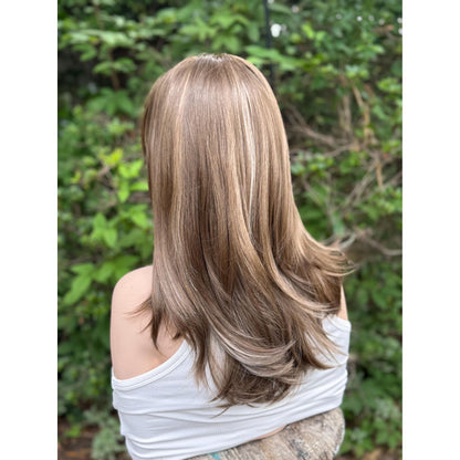 MYRA Medium Chocolate Brown Blonde Highlights Wig, Lace Front, 13x6 Hand-Tied, Human Hair Blend