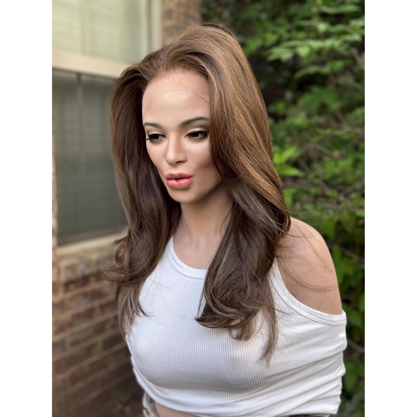 MYRA Medium Chocolate Brown Blonde Highlights Wig, Lace Front, 13x6 Hand-Tied, Human Hair Blend