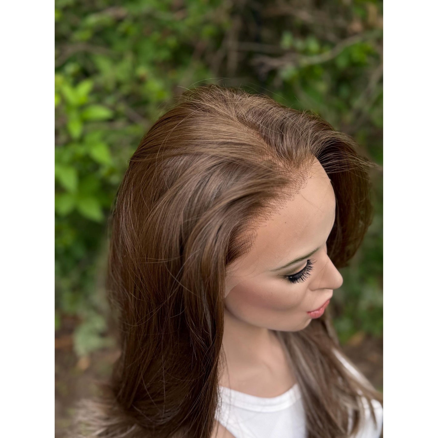 MYRA Medium Chocolate Brown Blonde Highlights Wig, Lace Front, 13x6 Hand-Tied, Human Hair Blend
