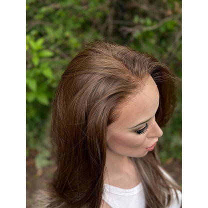 MYRA Medium Chocolate Brown Blonde Highlights Wig, Lace Front, 13x6 Hand-Tied, Human Hair Blend