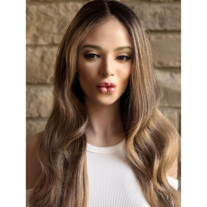 YORK Human Hair Wig Brunette Brown Wheaty Blonde Balayage Highlights | HD Invisible Transparent Lace Front | 18" Length | Natural Density, Custom Made to Order