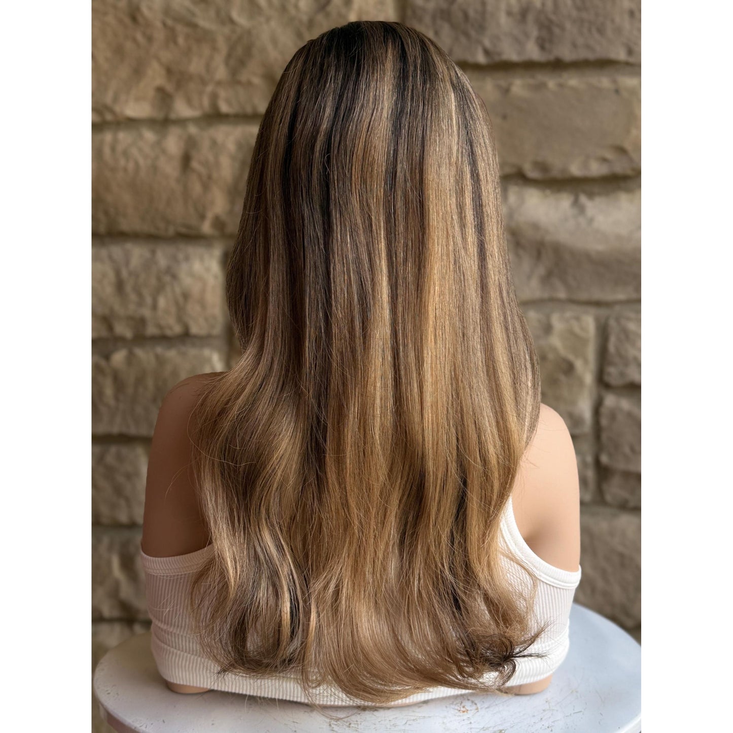 YORK Human Hair Wig Brunette Brown Wheaty Blonde Balayage Highlights | HD Invisible Transparent Lace Front | 18" Length | Natural Density, Custom Made to Order