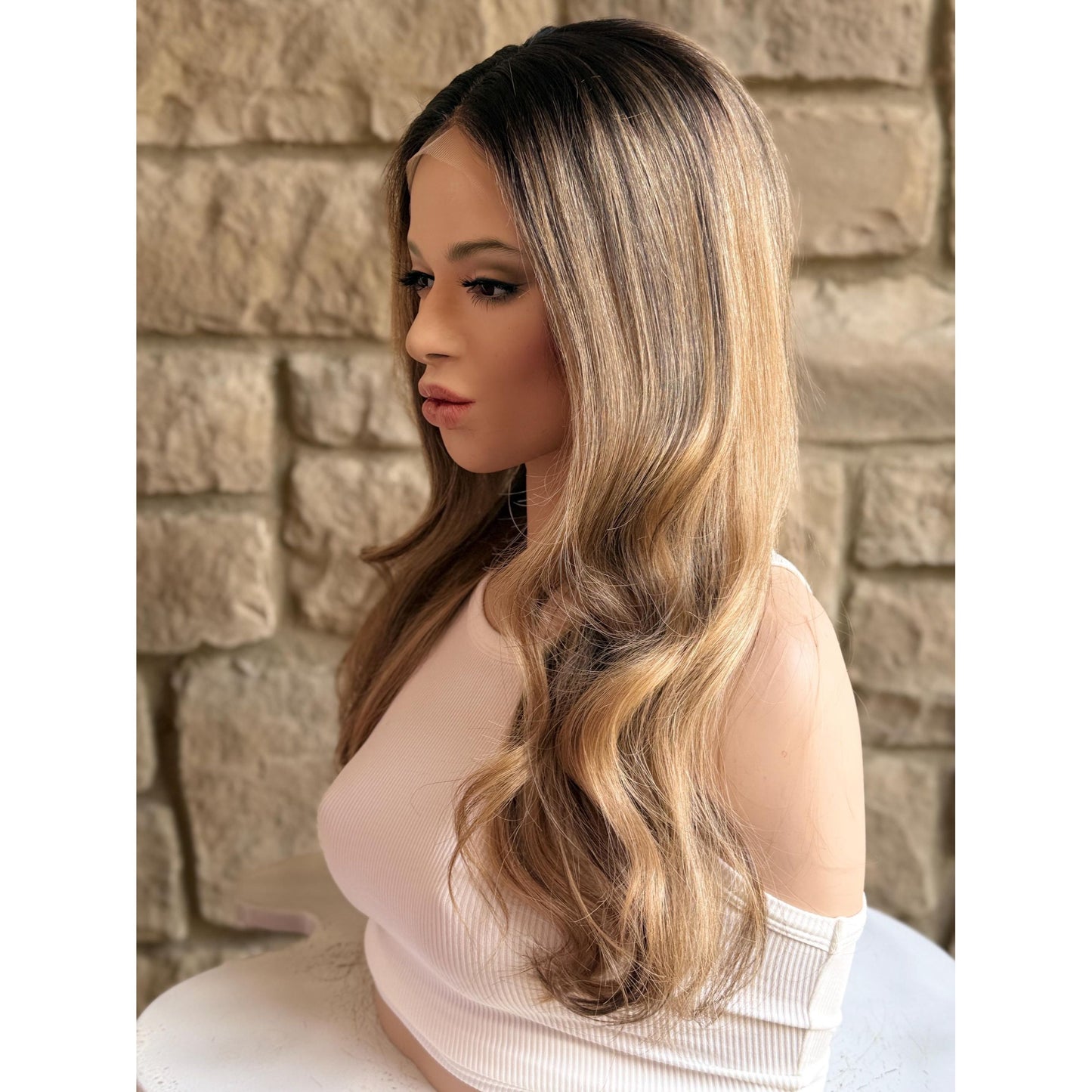 YORK Human Hair Wig Brunette Brown Wheaty Blonde Balayage Highlights | HD Invisible Transparent Lace Front | 18" Length | Natural Density, Custom Made to Order