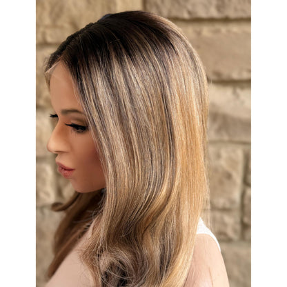 YORK Human Hair Wig Brunette Brown Wheaty Blonde Balayage Highlights | HD Invisible Transparent Lace Front | 18" Length | Natural Density, Custom Made to Order