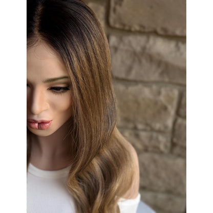 YORK Human Hair Wig Brunette Brown Wheaty Blonde Balayage Highlights | HD Invisible Transparent Lace Front | 18" Length | Natural Density, Custom Made to Order