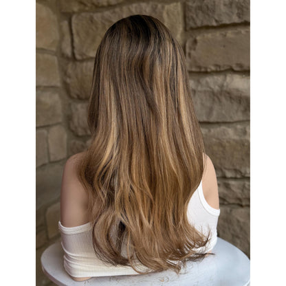 YORK Human Hair Wig Brunette Brown Wheaty Blonde Balayage Highlights | HD Invisible Transparent Lace Front | 18" Length | Natural Density, Custom Made to Order