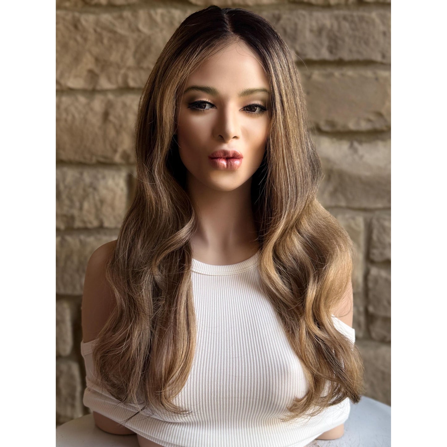 YORK Human Hair Wig Brunette Brown Wheaty Blonde Balayage Highlights | HD Invisible Transparent Lace Front | 18" Length | Natural Density, Custom Made to Order