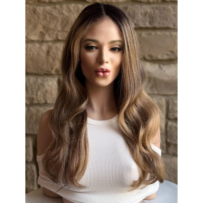 YORK Human Hair Wig Brunette Brown Wheaty Blonde Balayage Highlights | HD Invisible Transparent Lace Front | 18" Length | Natural Density, Custom Made to Order
