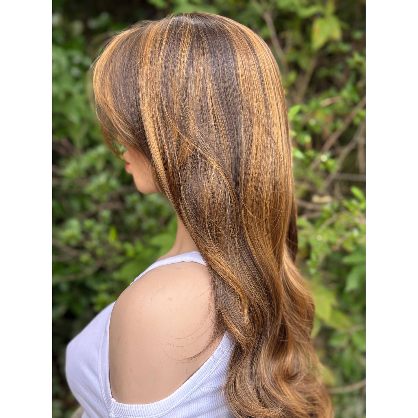 ARIZONA Warm Brown Golden Brunette Balayage Cinnamon Highlights Wig, Lace Front, 13x6 Hand-Tied, Human Hair Blend