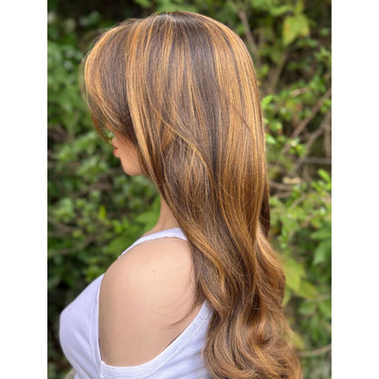ARIZONA Warm Brown Golden Brunette Balayage Cinnamon Highlights Wig, Lace Front, 13x6 Hand-Tied, Human Hair Blend