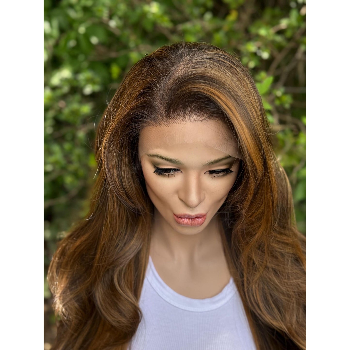 ARIZONA Warm Brown Golden Brunette Balayage Cinnamon Highlights Wig, Lace Front, 13x6 Hand-Tied, Human Hair Blend