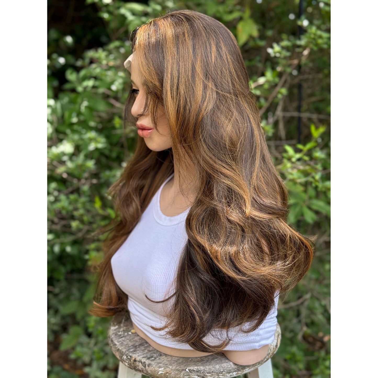 ARIZONA Warm Brown Golden Brunette Balayage Cinnamon Highlights Wig, Lace Front, 13x6 Hand-Tied, Human Hair Blend