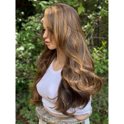 ARIZONA Warm Brown Golden Brunette Balayage Cinnamon Highlights Wig, Lace Front, 13x6 Hand-Tied, Human Hair Blend