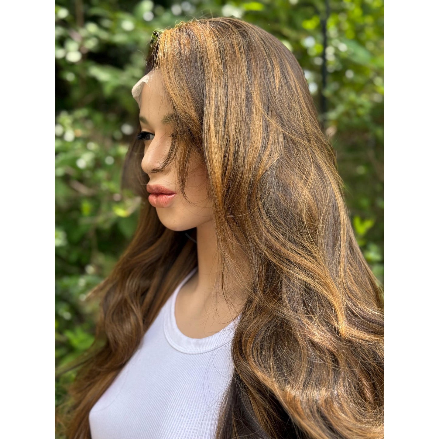 ARIZONA Warm Brown Golden Brunette Balayage Cinnamon Highlights Wig, Lace Front, 13x6 Hand-Tied, Human Hair Blend