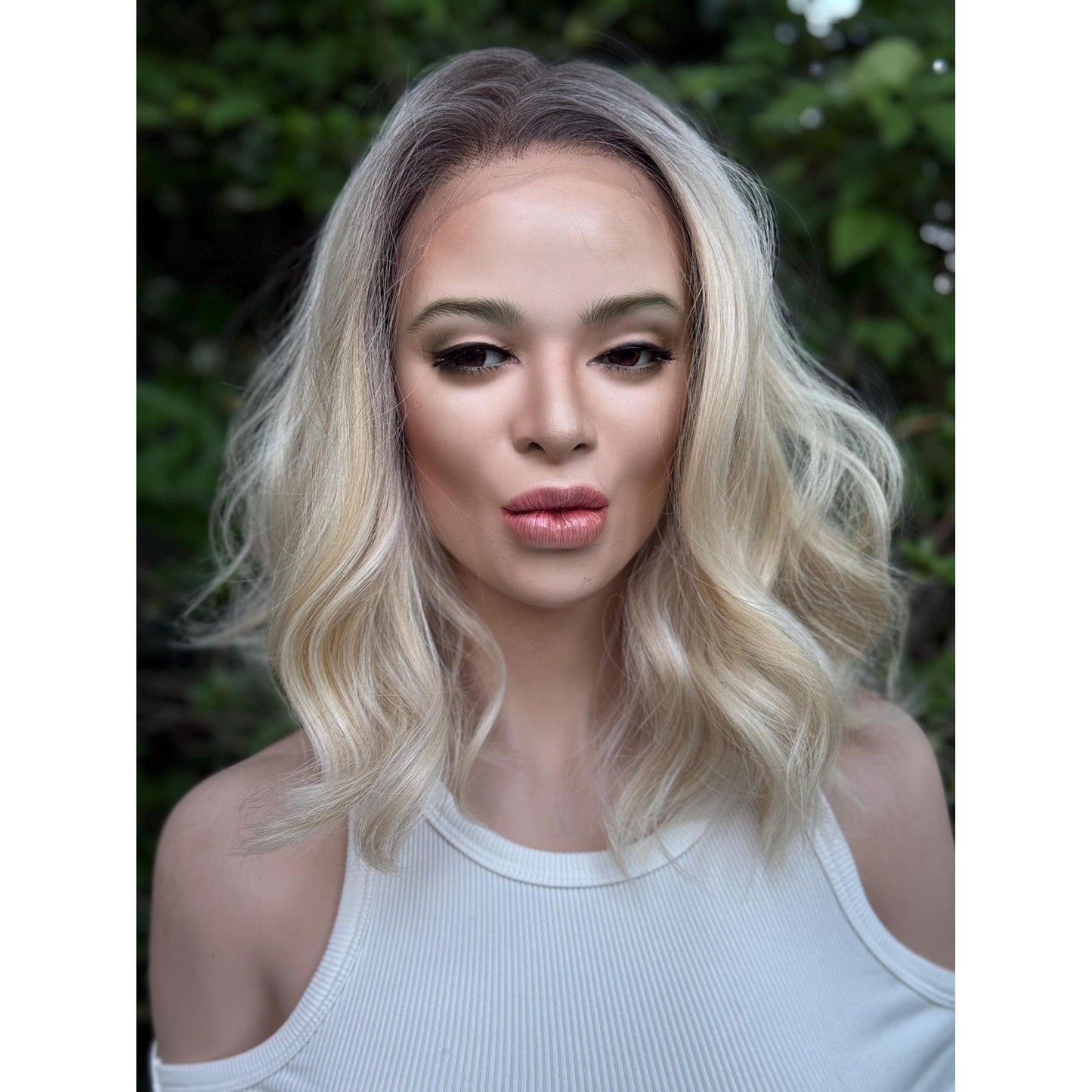 DIXIE Champagne Blonde Bob Wig, 12” Textured Tousled Human Hair Blend Lace Front Wig