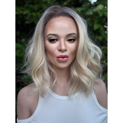 DIXIE Champagne Blonde Bob Wig, 12” Textured Tousled Human Hair Blend Lace Front Wig