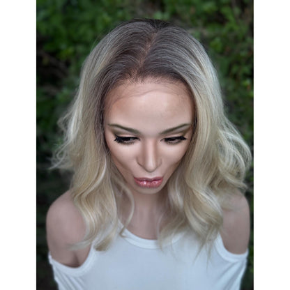 DIXIE Champagne Blonde Bob Wig, 12” Textured Tousled Human Hair Blend Lace Front Wig