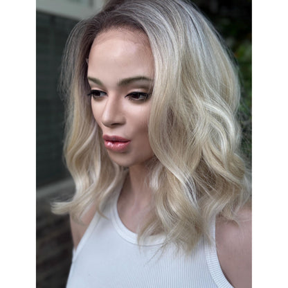 DIXIE Champagne Blonde Bob Wig, 12” Textured Tousled Human Hair Blend Lace Front Wig