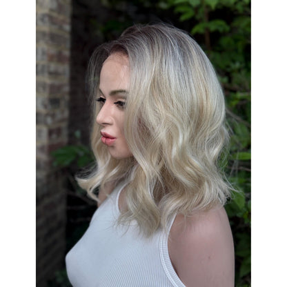 DIXIE Champagne Blonde Bob Wig, 12” Textured Tousled Human Hair Blend Lace Front Wig