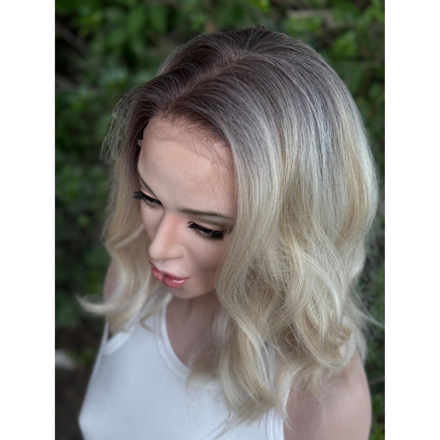 DIXIE Champagne Blonde Bob Wig, 12” Textured Tousled Human Hair Blend Lace Front Wig