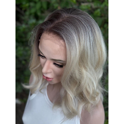DIXIE Champagne Blonde Bob Wig, 12” Textured Tousled Human Hair Blend Lace Front Wig