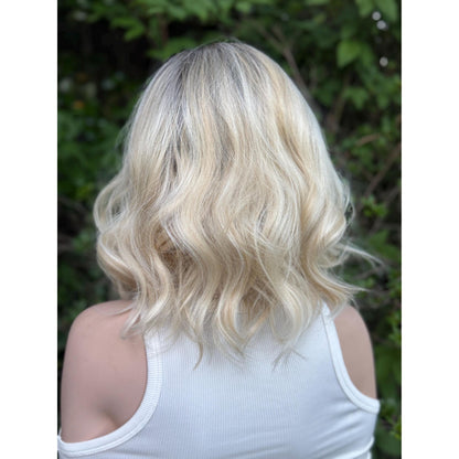 DIXIE Champagne Blonde Bob Wig, 12” Textured Tousled Human Hair Blend Lace Front Wig