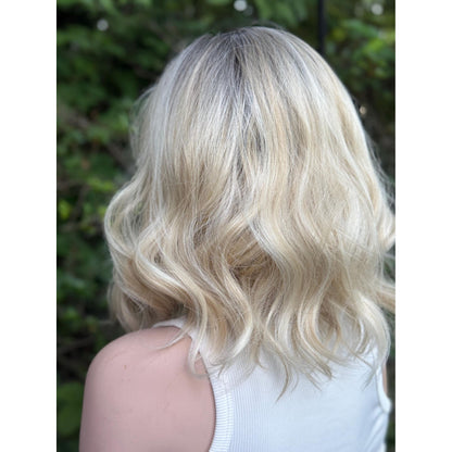 DIXIE Champagne Blonde Bob Wig, 12” Textured Tousled Human Hair Blend Lace Front Wig