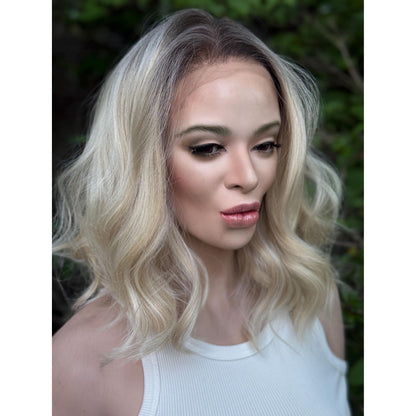 DIXIE Champagne Blonde Bob Wig, 12” Textured Tousled Human Hair Blend Lace Front Wig